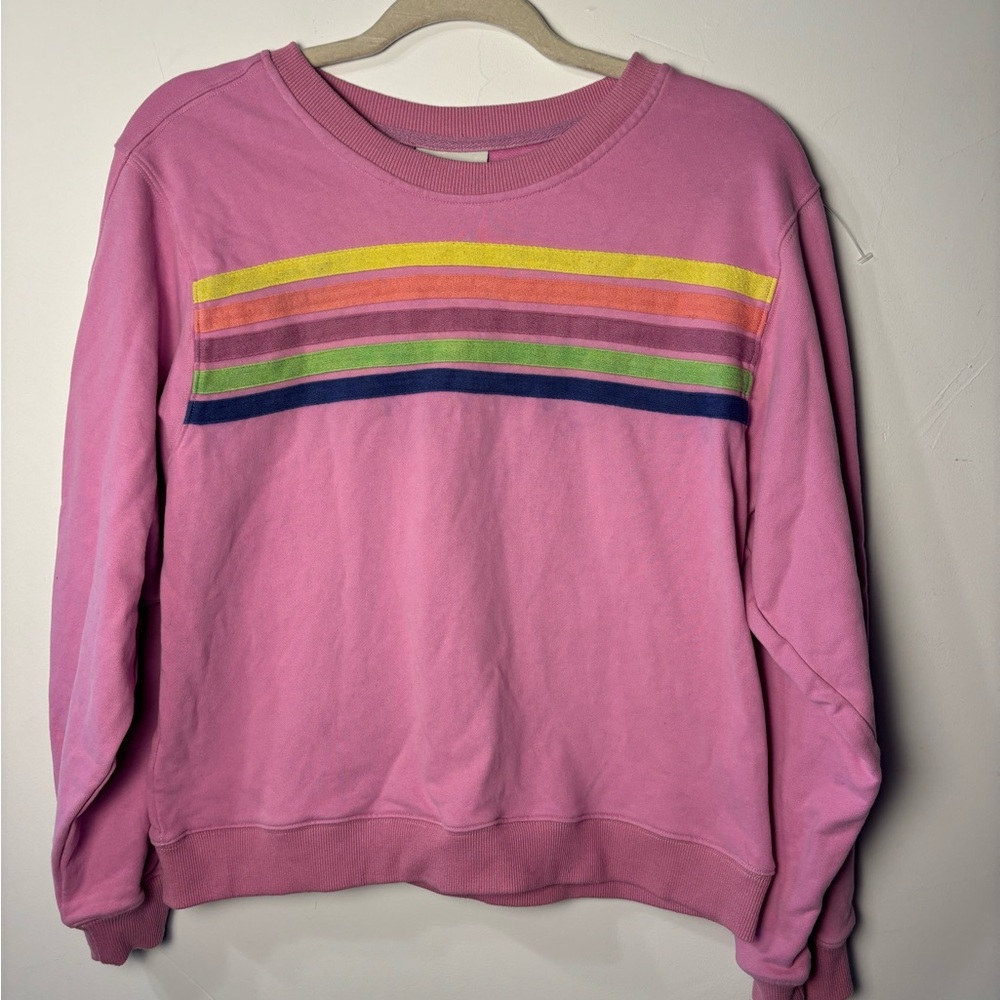 The Greii Vibrant Pink Crewneck Sweater with Colorful Stripes M